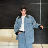 fashion show suits men streetwear washed denim splice loose casual jacket wide leg jeans pants 2 piece sets coat trousers suits unique jeans style 2739