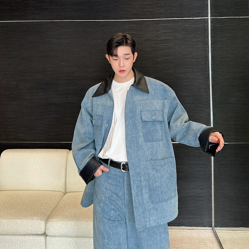 fashion show suits men streetwear washed denim splice loose casual jacket wide leg jeans pants 2 piece sets coat trousers suits unique jeans style 2739