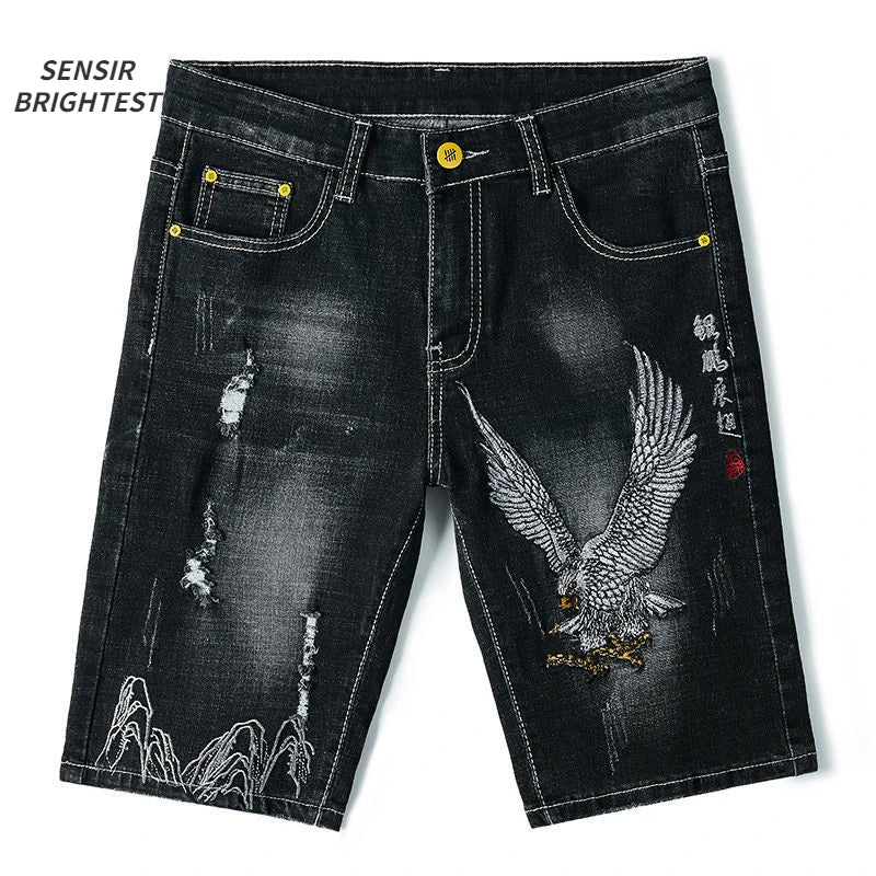 Summer Embroidered Eagle Denim Shorts Men's Summer Thin Fit Good Quality Ripped