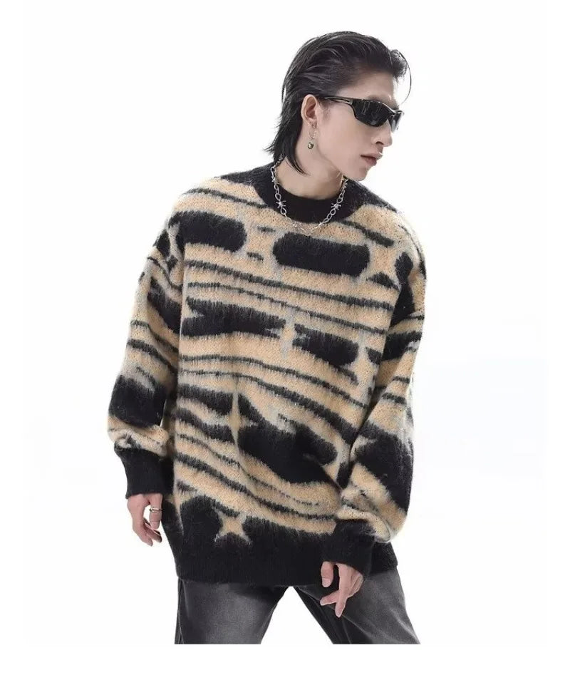 japanese hip hop sweater set men contrast zebra pattern round neck knit top splicing distressed loose jeans 2 pcs harajuku suit unique jeans style 4523
