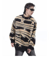 japanese hip hop sweater set men contrast zebra pattern round neck knit top splicing distressed loose jeans 2 pcs harajuku suit unique jeans style 4523