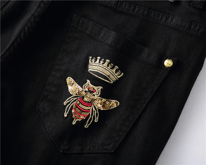 high new 2022 classical vintage morden luxurious embroidered bee crown jeans cotton denim pants comfort casual 28 38 n404 unique jeans style 1256