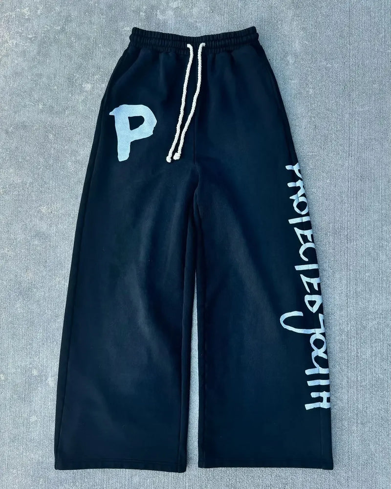 street wear mens black and red fashionable loose pants y2k straight leg cotton pants sport simple side letter casual pants unique default style 2427