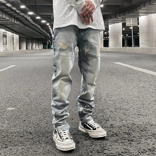 original tie dyed ripped flared denim jean for men streetwear washed hole casual stacked jeans pants mens slim fit jeans 2023 vintage washed jeans