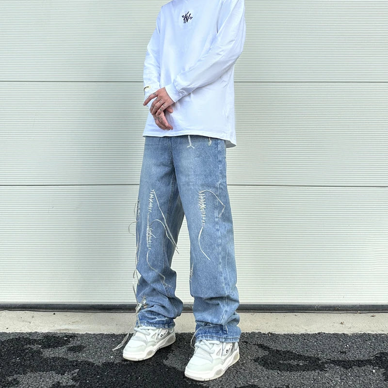 fashion loose streetwear denim jeans new casual wide legs straight jean pants hip hop tassel joggers baggy jeans men clothing unique joggers style 424