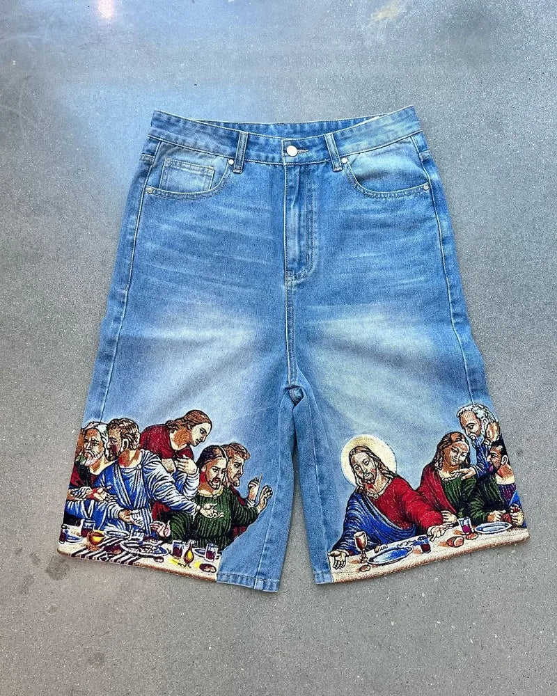 harajuku retro cartoon print oversized wide leg pants gothic washed distressed jeans men y2k fashion casual denim shorts women unique jeans style 3743