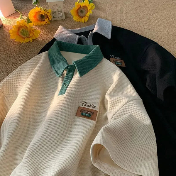 Hip Hop American Street Men and Women Trendy Personality Polo Shirt Short sleeved Summer Waffle Vintage Casual Tops harajuku y2k