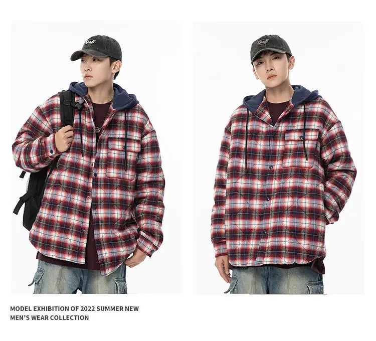 Winter Quilted Thick Plaid Hooded Jacket Men Wmen Streetwear Fashion Oversize Loose Casual Hoody Jacket Padded-cotton Parka Coat