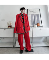men streetwear fashion loose casual rivet hip hop party dress 2 piece suits blazers jacket pant sets stage clothing costume unique default style 1548