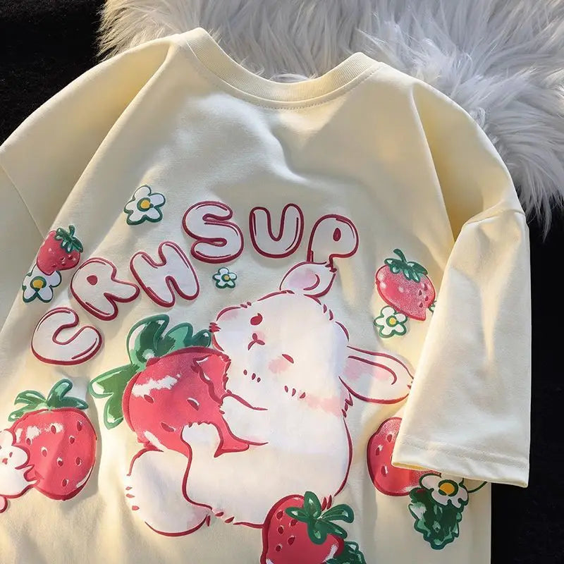 Cyberpunk Oversized shirt – Cute Cartoon Rabbit Strawberry Fruit Print T Shirts Student
