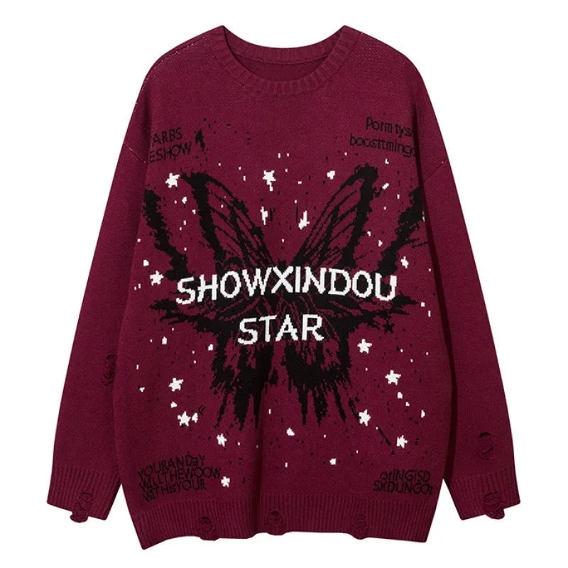 fashion butterfly knitted oversized sweater unisex o neck ripped holes knit pullover streetwear unisex loose sweaters clothing Y2K vintage urban hoodie, streetwear fashion hoodie, trendy hip hop style outerwear