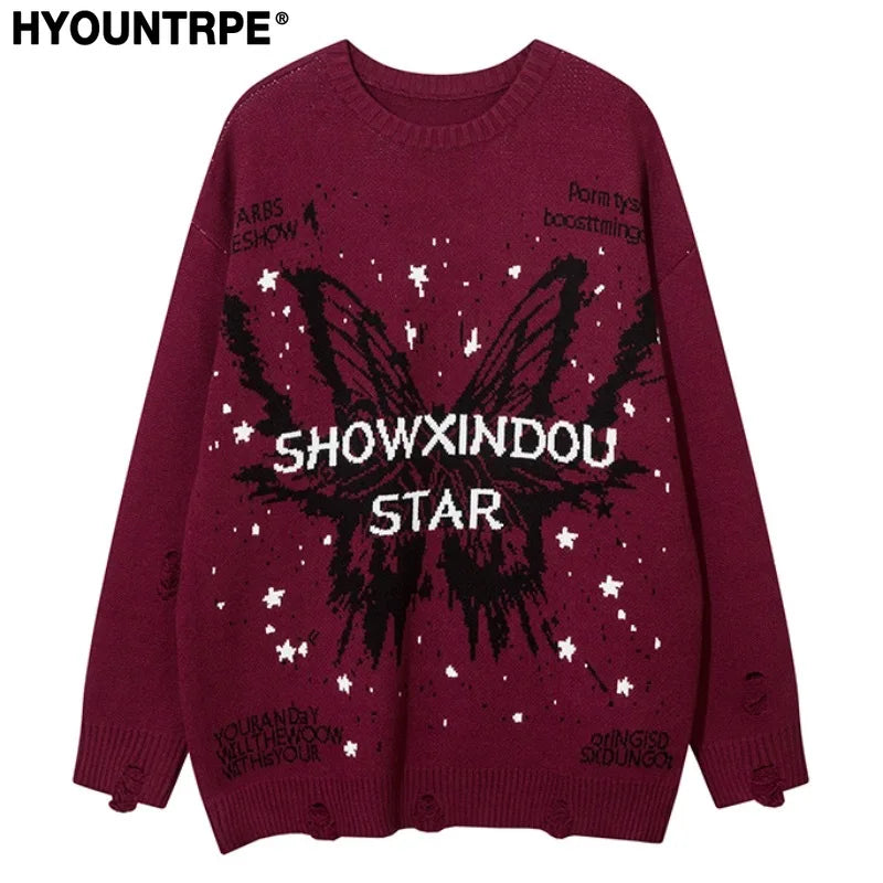 fashion butterfly knitted oversized sweater unisex o neck ripped holes knit pullover streetwear unisex loose sweaters clothing Y2K vintage urban hoodie, streetwear fashion hoodie, trendy hip hop style outerwear