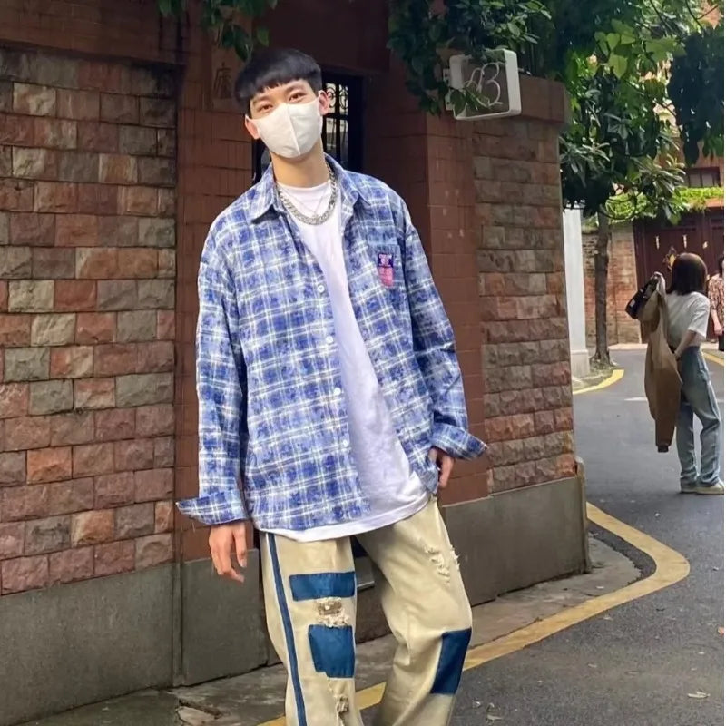 spring street fashion set mens blue plaid printed shirt color blocking trendy jeans 2 pcs set retro college suit male new unique jeans style 4684