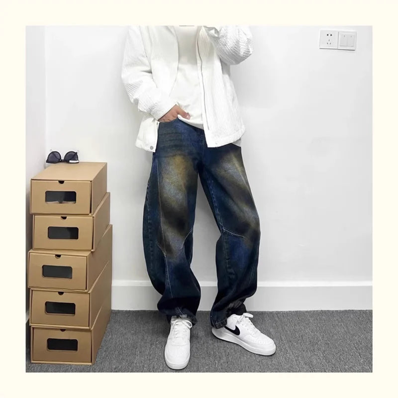 autumn hip hop graffiti painted baggy jeans mens y2l streetwear wide leg denim pants punk fashion distressed gradient jean unique jeans style 267