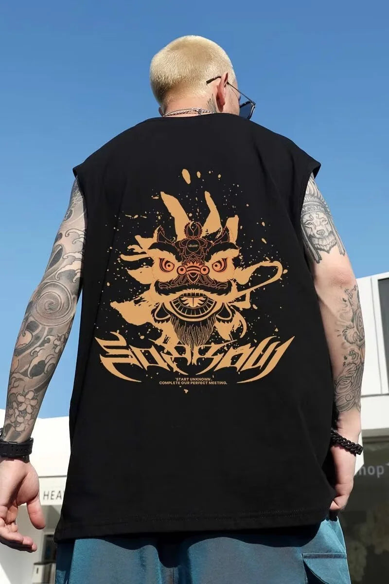 Gothic Oversized shirt – Summer Anime Lion Dance Printed Sleeveless T Shirt Men Overs
