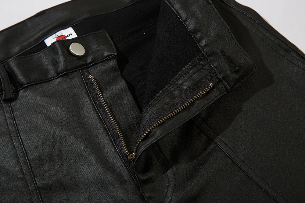 high street striped pu leather cargo pants mens harajuku straight ropa hombre loose overalls oversized casual trousers combat utility trousers