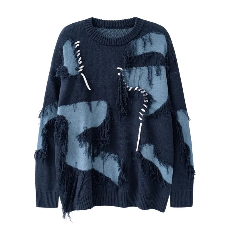 mens knitted sweater fashion tassel irregular block pullovers casual o neck unisex harajuku y2k streetwear loose knit jumpers - Y2K grunge street style, 2025 streetwear drop, bold artwork streetwear hoodie