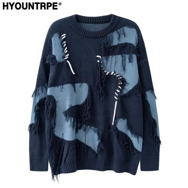 mens knitted sweater fashion tassel irregular block pullovers casual o neck unisex harajuku y2k streetwear loose knit jumpers - Y2K grunge street style, 2025 streetwear drop, bold artwork streetwear hoodie