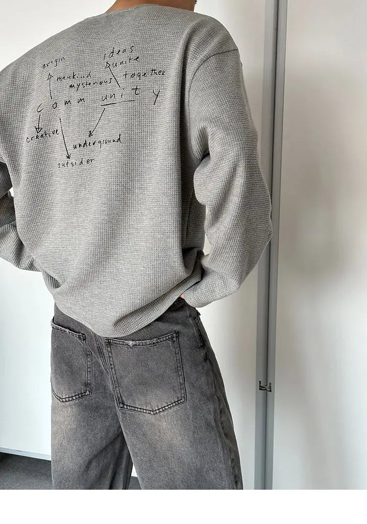 Trendy Korean Style Personalized Floral Gray Waffle Print Long-sleeved Autumn American Men's Women's Y2K Round Neck Sweatshirt