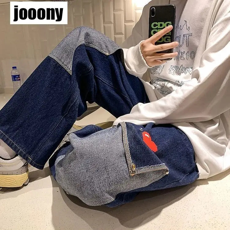 men jeans patchwork multi pocket couple denim pants beggar style cargo pants high street casual male streetwear baggy cargo bottoms