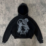 techwear street knit hoodie with oversized flame detail for urban fall winter outfits, street fashion menswear trend for seas