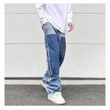 patchwork design denim flare jeans pants men casual zipper straight biker trousers jeans fashion streetwear hip hop jean joggers unique joggers style 2612
