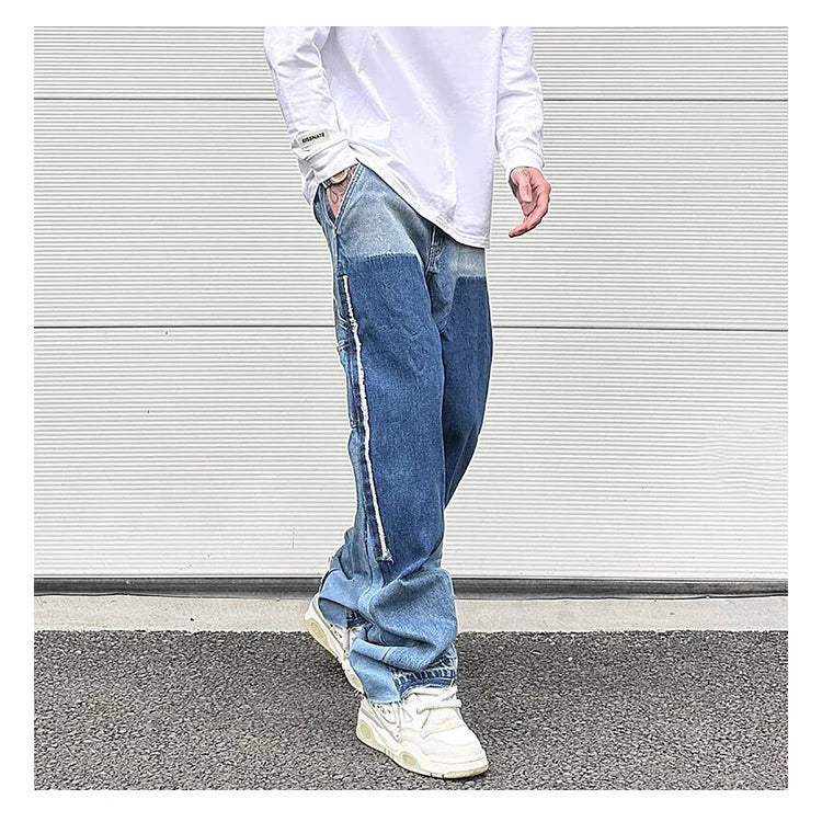 patchwork design denim flare jeans pants men casual zipper straight biker trousers jeans fashion streetwear hip hop jean joggers unique joggers style 2612