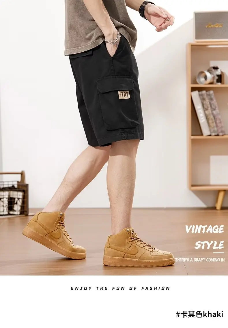 Men's Straight Tooling Shorts for Men Korean Fashion Belt Decoration Khaki Casual