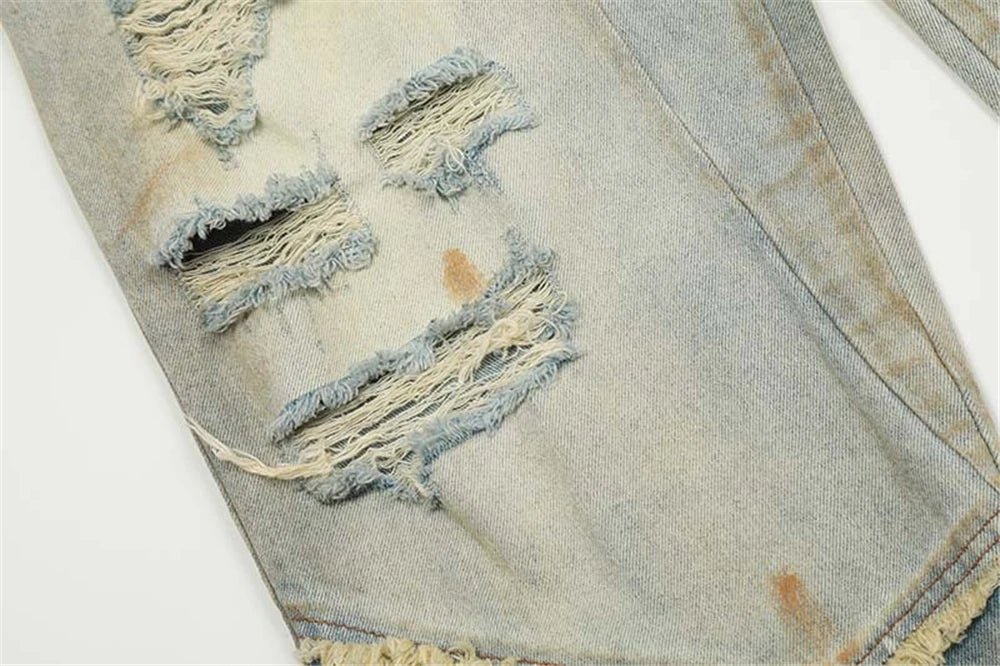 mens fashion ripped jeans blue straight baggy jeans trousers luxury loose casual distressed denim pants male unique jeans style 6057