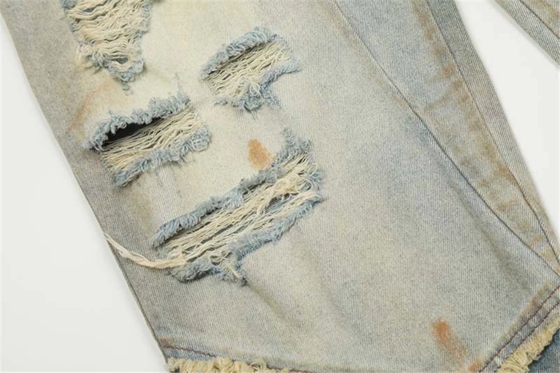 mens fashion ripped jeans blue straight baggy jeans trousers luxury loose casual distressed denim pants male unique jeans style 6057