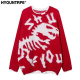 hip hop knitted sweater mens o neck dinosaur pattern fake two pieces pullover streetwear casual loose sweater jumper knitwear - graphic printed hoodie for men and women, unisex casual winter pullover, vintage look oversized hoodie