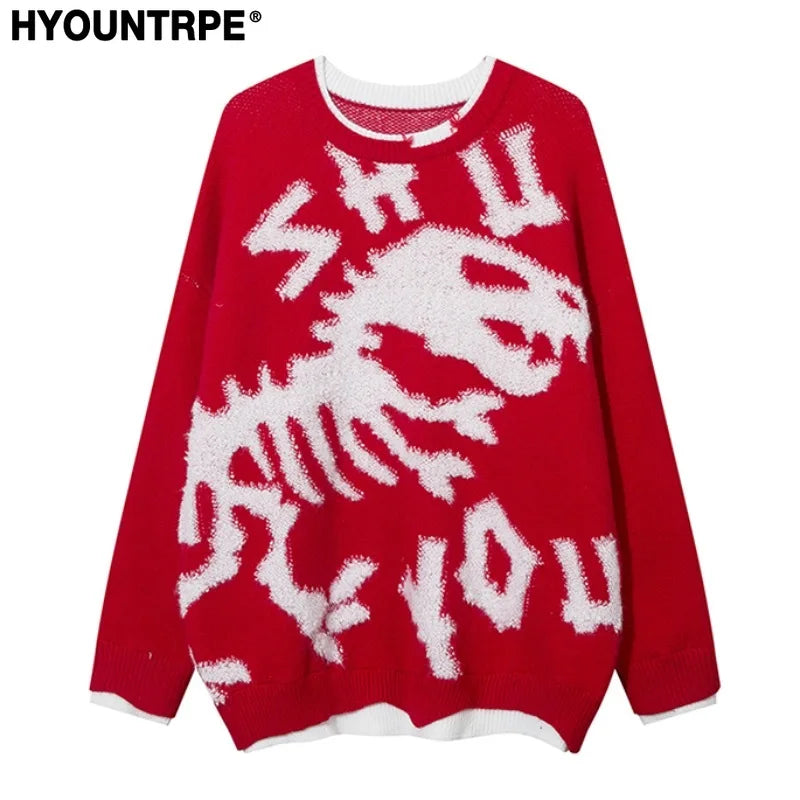 hip hop knitted sweater mens o neck dinosaur pattern fake two pieces pullover streetwear casual loose sweater jumper knitwear - graphic printed hoodie for men and women, unisex casual winter pullover, vintage look oversized hoodie