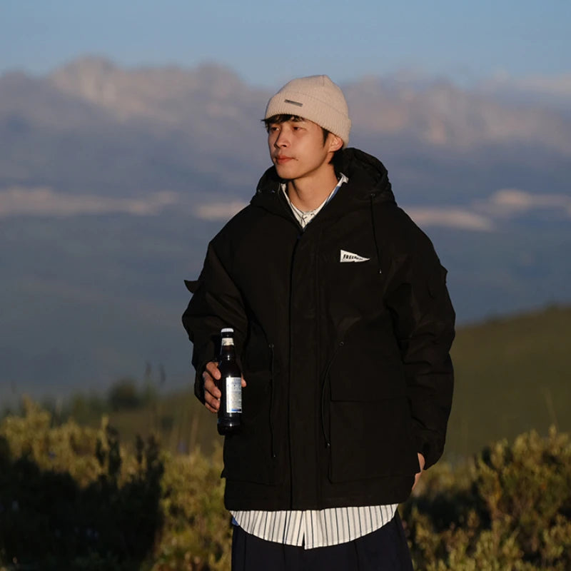 Outdoor Multi Pocket Thicken Man Jacket Winter Retro Warm Camping Cotton-padded Clothes Casual Print Loose Hooded Fashion Coat