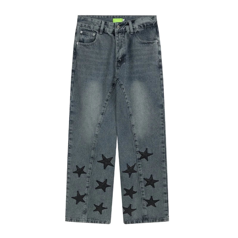 mens high street stars embroidery denim jean pants casual loose straight jeans hip hop y2k unisex pants streetwear joggers urban active pants