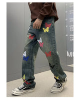 butterfly print jeans men streetwear fashion vibe loose casual hiphop straight washed denim pant jeans cityboy teen trousers unique jeans style 2677