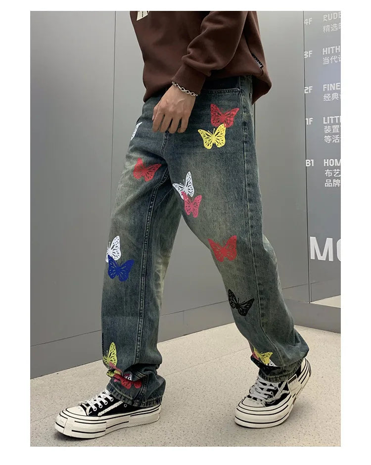 butterfly print jeans men streetwear fashion vibe loose casual hiphop straight washed denim pant jeans cityboy teen trousers unique jeans style 2677