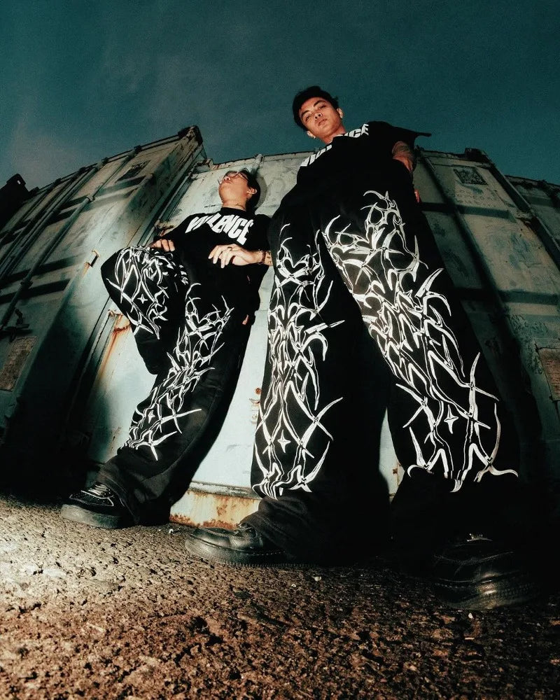 american high street trendy brand loose floor mopping trousers men y2k gothic punk dark style printed oversized trousers women menswear bottoms