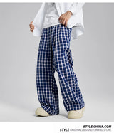 men women american streetwear fashion loose plaid wide leg straight pant boyfriend button down sports casual pants trousers unique default style 1434