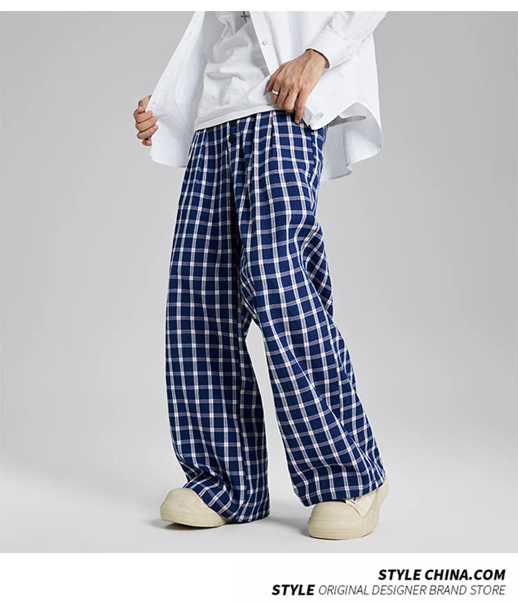 men women american streetwear fashion loose plaid wide leg straight pant boyfriend button down sports casual pants trousers unique default style 1434
