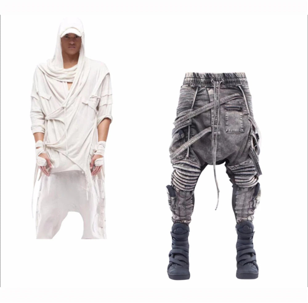 vintage motorcycle trousers joggers mens asymmetric straped pleated cross pants function elastic waist trousers unique joggers style 4597