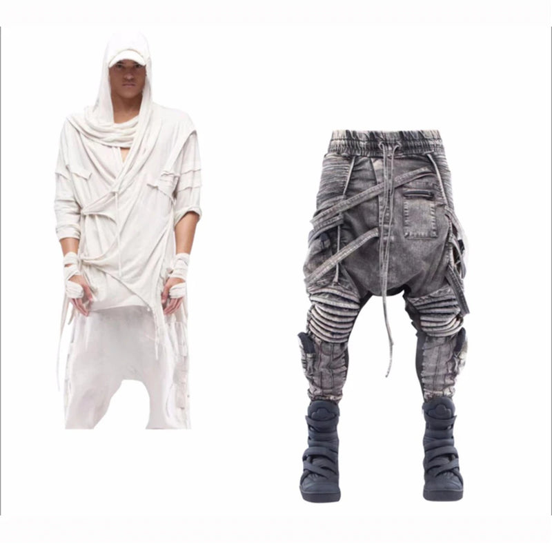 vintage motorcycle trousers joggers mens asymmetric straped pleated cross pants function elastic waist trousers unique joggers style 4597
