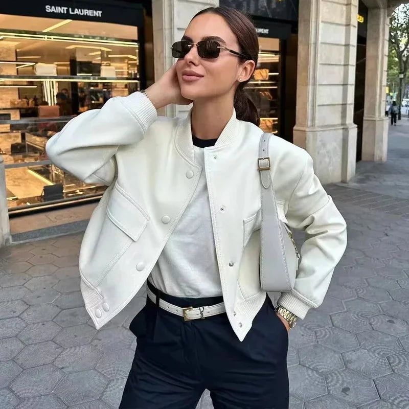 Women Bomber Jacket White Autumn And Winter Button Baseball Bomber Sho
