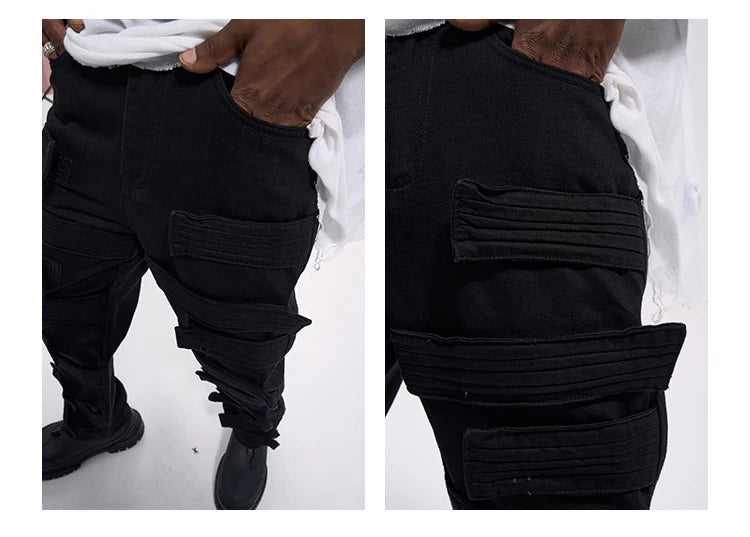 fashion velcros denim jean pants streetwear mens new casual hip hop streetwear tactical straight trousers joggers men y2k pants unique joggers style 3684