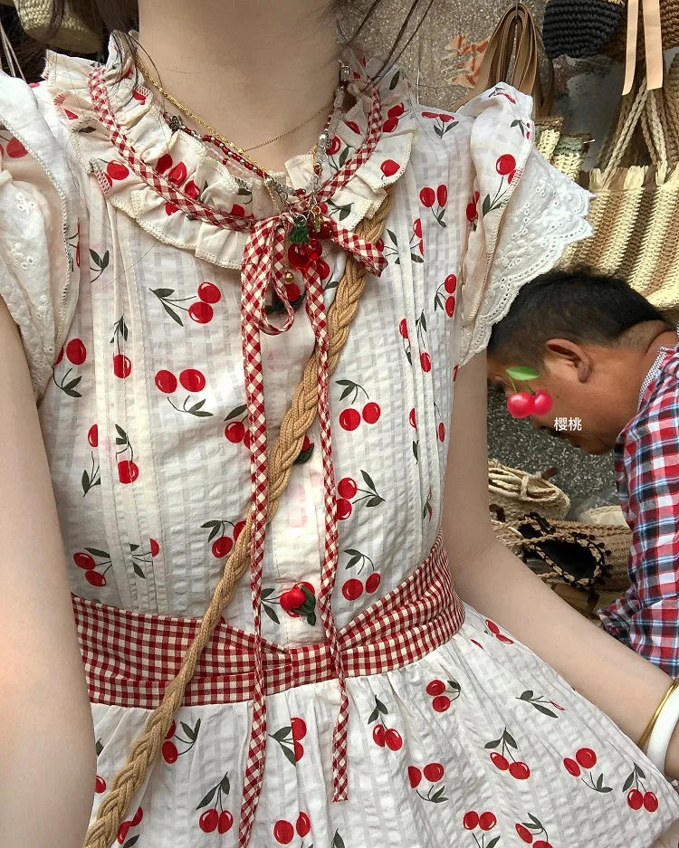 Summer Red Lolita Kawaii Dress Women Bow Sweet Princess Party Mini Dress Female Patchwork Korean Fashion Cherry Cute Dress 2023