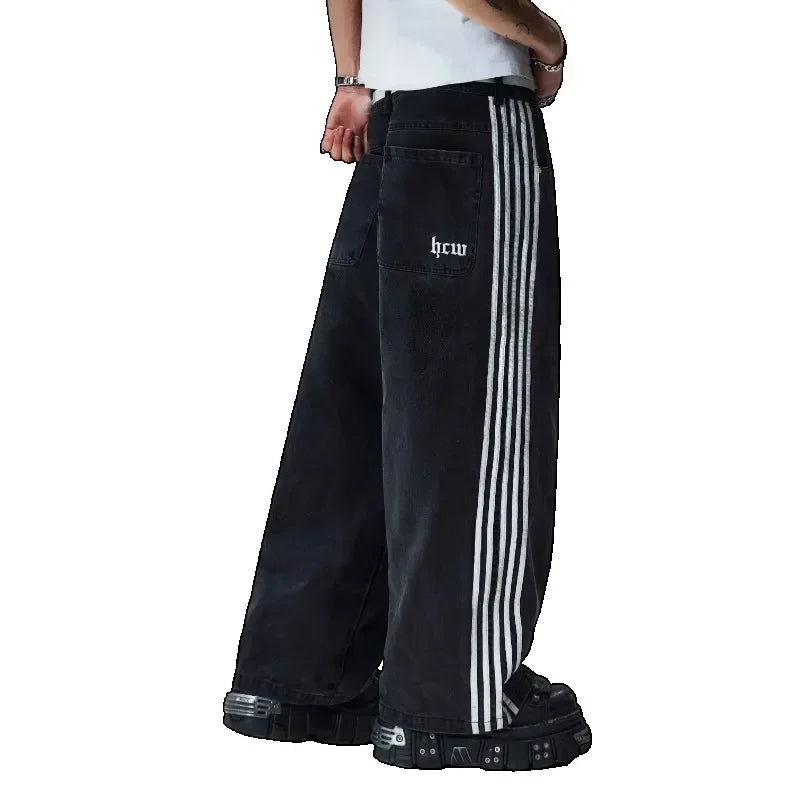 gothic embroidered wide leg denim pants high street streetwear harajuku retro hip hop mens jeans y2k black striped baggy jeans unique jeans style 2599
