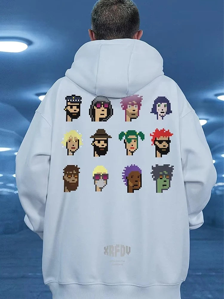 Funny Pixel Figure Graphic Hoodies For Men Autumn Y2K Streetwear Pullover