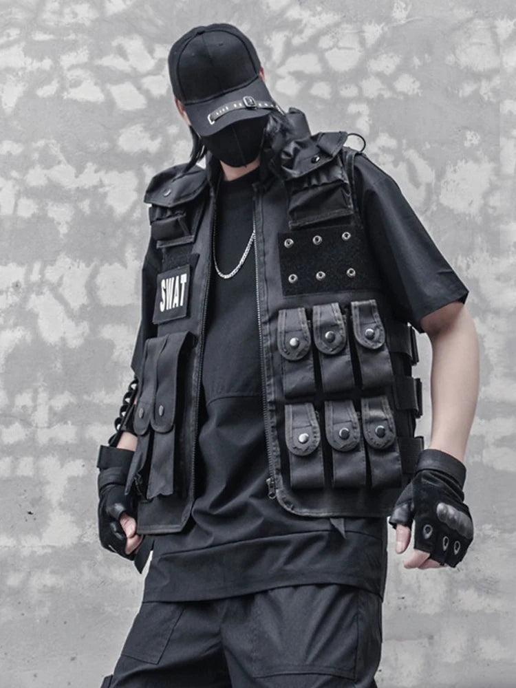 menswear fashion piece featuring hip hop sleeveless vests adjustment cargo waistcoat with pockets zipper military jacket fashion streetwear mens tactical vests design – premium quality jacket for men