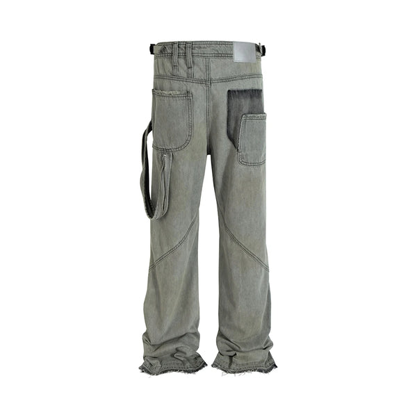 streetwear washed vintage ribbons logging jeans pants mens straight ropa hombre baggy cargos oversized loose denim overalls utility cargo pants