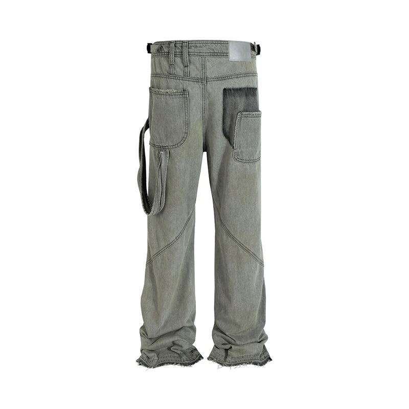 streetwear washed vintage ribbons logging jeans pants mens straight ropa hombre baggy cargos oversized loose denim overalls utility cargo pants