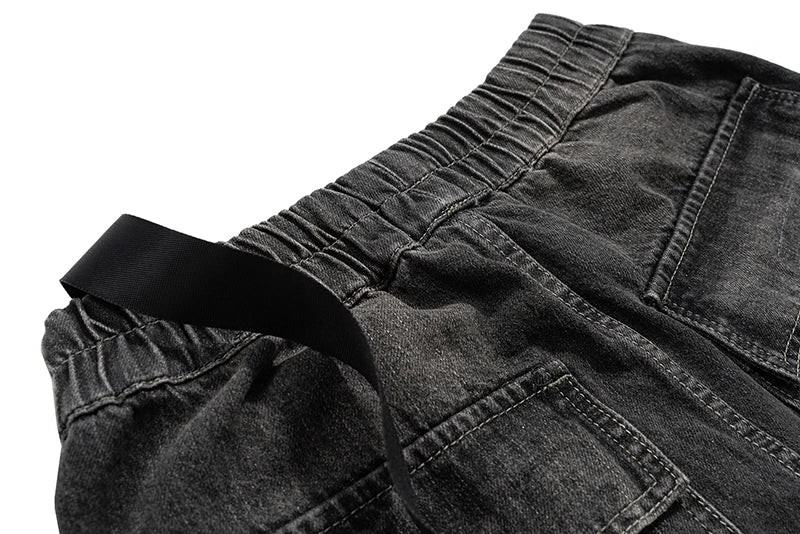 ro style ribbons wide leg multi pockets smoke grey baggy jeans for men straight pantalones hombre drawstring denim trousers unique jeans style 1211